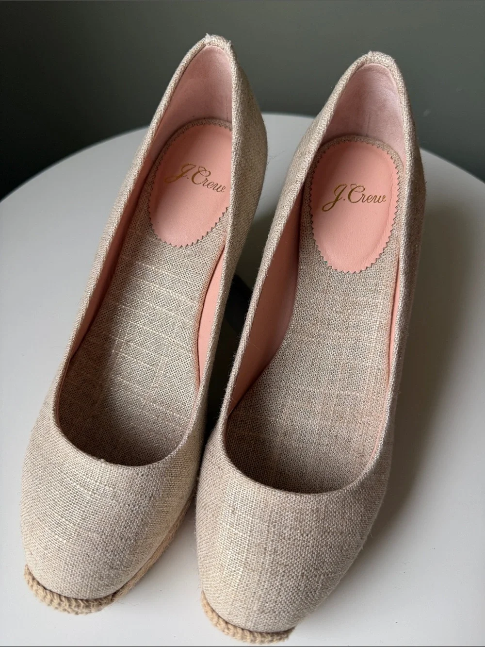 J. CREW Seville Canvas Wedge Espadrille Pumps Beige /Metallic Gold Size 6 NWOB